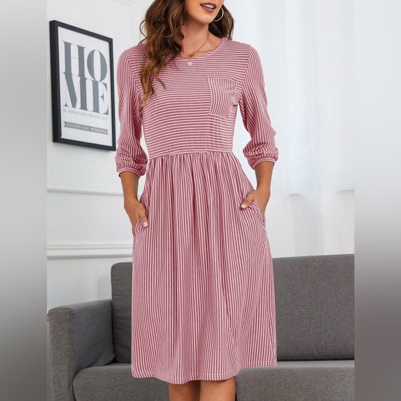MEROKEETY Striped High Waist T Shirt Midi Dress with Pockets Size Large/X-Large - Picture 9 of 9